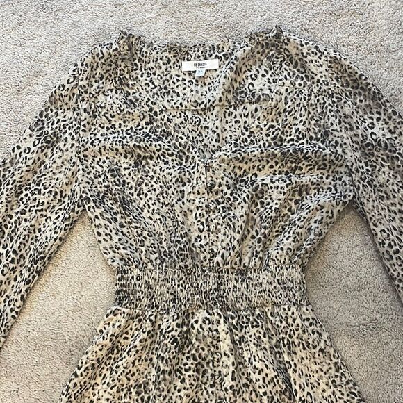 BB DAKOTA Steve Madden Taupe Leopard Print Smocked Mini Dress Size XS - Picture 3 of 12
